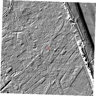 Shaded relief map of the ground around LN122SW, computed from Environment Agency LiDAR. The ground here sits at about 2 m above sea level and falls 12 m across the surrounding 800 m. The ground contributing surface water to this point lies to the south-south-east.