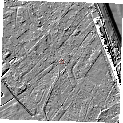 Shaded relief map of the ground around LN122SZ, computed from Environment Agency LiDAR. The ground here sits at about 2 m above sea level and falls 12 m across the surrounding 800 m. Surface water reaching this point runs off ground lying to the east-north-east, 9.5 m higher.