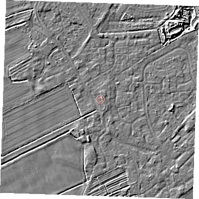 Shaded relief map of the ground around LN122TA, computed from Environment Agency LiDAR. The ground here sits at about 2 m above sea level and falls 5 m across the surrounding 800 m. Surface water reaching this point runs off ground lying to the north, 0.8 m higher.