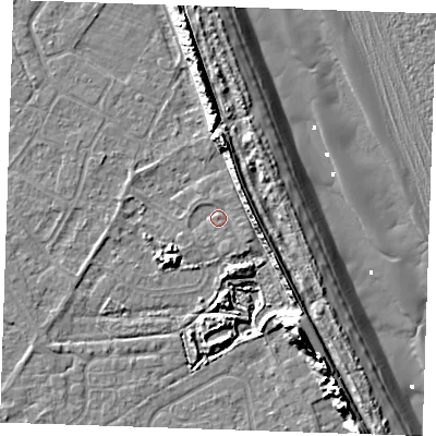 Shaded relief map of the ground around LN122TE, computed from Environment Agency LiDAR. The ground here sits at about 3 m above sea level and falls 15 m across the surrounding 800 m. Surface water reaching this point runs off ground lying to the south-east, 1.1 m higher.
