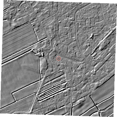 Shaded relief map of the ground around LN122TH, computed from Environment Agency LiDAR. The ground here sits at about 2 m above sea level and falls 3 m across the surrounding 800 m. Surface water reaching this point runs off ground lying to the north-north-west, 0.8 m higher.