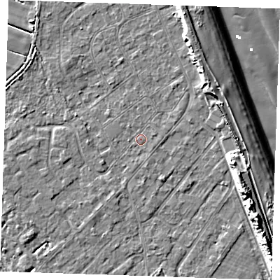 Shaded relief map of the ground around LN122TP, computed from Environment Agency LiDAR. The ground here sits at about 2 m above sea level and falls 13 m across the surrounding 800 m. Surface water reaching this point runs off ground lying to the east-north-east, 4.9 m higher.