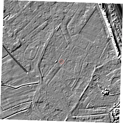 Shaded relief map of the ground around LN122TQ, computed from Environment Agency LiDAR. The ground here sits at about 2 m above sea level and falls 11 m across the surrounding 800 m. Surface water reaching this point runs off ground lying to the west, 1.2 m higher.