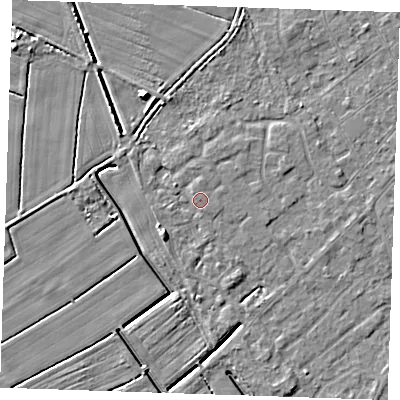 Shaded relief map of the ground around LN122TT, computed from Environment Agency LiDAR. The ground here sits at about 3 m above sea level and falls 5 m across the surrounding 800 m. Surface water reaching this point runs off ground lying to the south-west, 4.3 m higher.