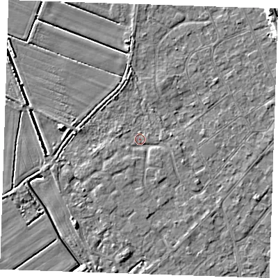 Shaded relief map of the ground around LN122TY, computed from Environment Agency LiDAR. The ground here sits at about 2 m above sea level and falls 8 m across the surrounding 800 m. Surface water reaching this point runs off ground lying to the south-west, 1.5 m higher.