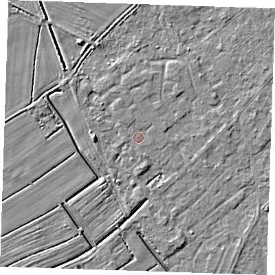 Shaded relief map of the ground around LN122TZ, computed from Environment Agency LiDAR. The ground here sits at about 2 m above sea level and falls 5 m across the surrounding 800 m. Surface water reaching this point runs off ground lying to the south, 2.8 m higher.