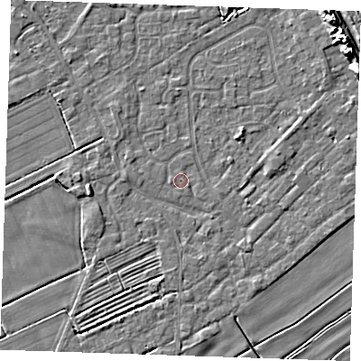 Shaded relief map of the ground around LN122UA, computed from Environment Agency LiDAR. The ground here sits at about 2 m above sea level and falls 10 m across the surrounding 800 m. Surface water reaching this point runs off ground lying to the south-east, 1.1 m higher.