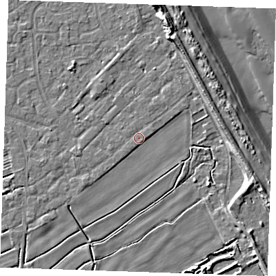 Shaded relief map of the ground around LN122UD, computed from Environment Agency LiDAR. The ground here sits at about 3 m above sea level and falls 11 m across the surrounding 800 m. Surface water reaching this point runs off ground lying to the south-east, 1.0 m higher.
