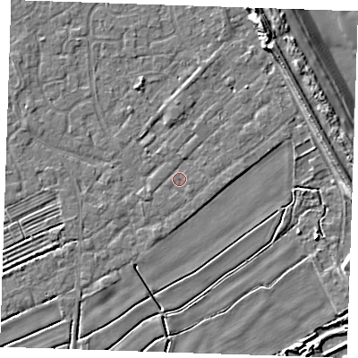 Shaded relief map of the ground around LN122UG, computed from Environment Agency LiDAR. The ground here sits at about 2 m above sea level and falls 10 m across the surrounding 800 m. Surface water reaching this point runs off ground lying to the east-north-east, 0.9 m higher.