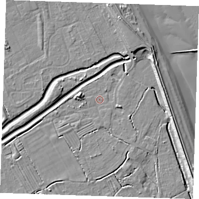 Shaded relief map of the ground around LN122UJ, computed from Environment Agency LiDAR. The ground here sits at about 2 m above sea level and falls 10 m across the surrounding 800 m. Surface water reaching this point runs off ground lying to the west, 2.9 m higher.