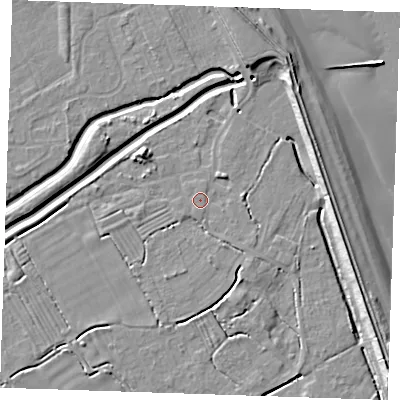 Shaded relief map of the ground around LN122UL, computed from Environment Agency LiDAR. The ground here sits at about 2 m above sea level and falls 10 m across the surrounding 800 m. Surface water reaching this point runs off ground lying to the east, 1.2 m higher.