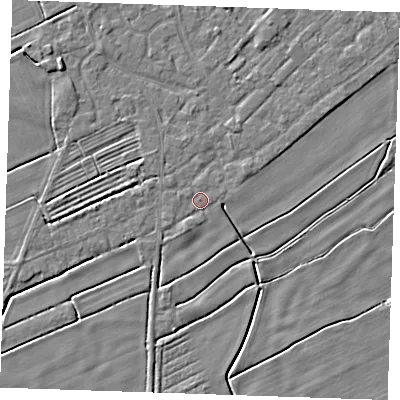Shaded relief map of the ground around LN122UT, computed from Environment Agency LiDAR. The ground here sits at about 2 m above sea level and falls 3 m across the surrounding 800 m. Surface water reaching this point runs off ground lying to the south-south-west, 1.0 m higher.