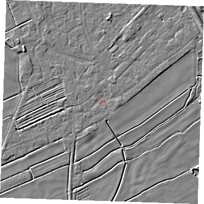 Shaded relief map of the ground around LN122UU, computed from Environment Agency LiDAR. The ground here sits at about 2 m above sea level and falls 7 m across the surrounding 800 m. Surface water reaching this point runs off ground lying to the east, 0.9 m higher.