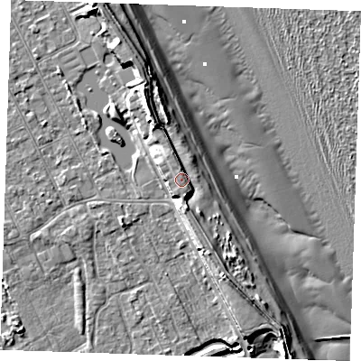 Shaded relief map of the ground around LN122XA, computed from Environment Agency LiDAR. The ground here sits at about 6 m above sea level and falls 11 m across the surrounding 800 m. Surface water reaching this point runs off ground lying to the south-south-east, 2.5 m higher.