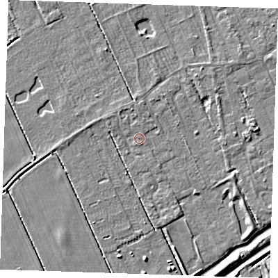 Shaded relief map of the ground around LN122YA, computed from Environment Agency LiDAR. The ground here sits at about 2 m above sea level and falls 5 m across the surrounding 800 m. Surface water reaching this point runs off ground lying to the north-north-west, 1.1 m higher.