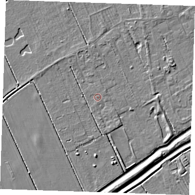 Shaded relief map of the ground around LN122YB, computed from Environment Agency LiDAR. The ground here sits at about 2 m above sea level and falls 5 m across the surrounding 800 m. The ground contributing surface water to this point lies to the north.