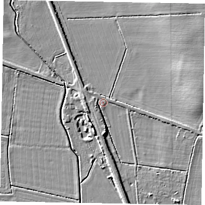 Shaded relief map of the ground around LN12AL, computed from Environment Agency LiDAR. The ground here sits at about 6 m above sea level and falls 11 m across the surrounding 800 m. Surface water reaching this point runs off ground lying to the north-east, 9.5 m higher.