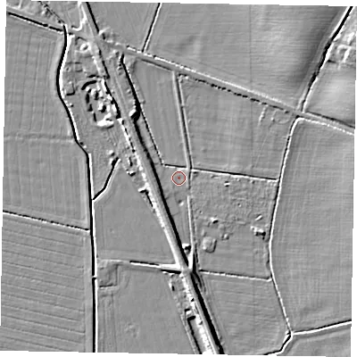 Shaded relief map of the ground around LN12AN, computed from Environment Agency LiDAR. The ground here sits at about 6 m above sea level and falls 11 m across the surrounding 800 m. Surface water reaching this point runs off ground lying to the south, 3.9 m higher.