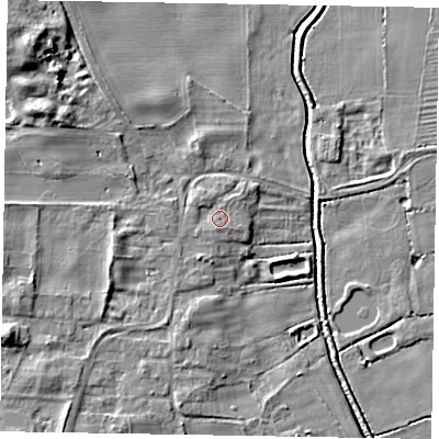 Shaded relief map of the ground around LN12BD, computed from Environment Agency LiDAR. The ground here sits at about 7 m above sea level and falls 10 m across the surrounding 800 m. Surface water reaching this point runs off ground lying to the south-south-west, 1.4 m higher.
