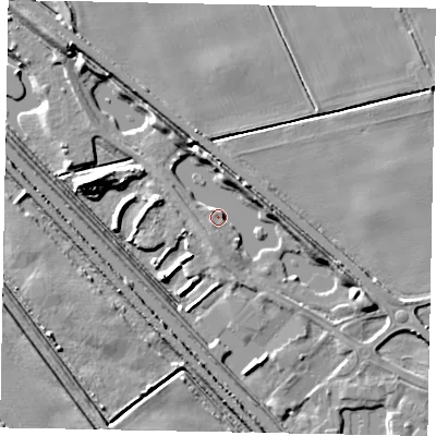 Shaded relief map of the ground around LN12BE, computed from Environment Agency LiDAR. The ground here sits at about 6 m above sea level and falls 10 m across the surrounding 800 m. Surface water reaching this point runs off ground lying to the south-south-west, 2.6 m higher.