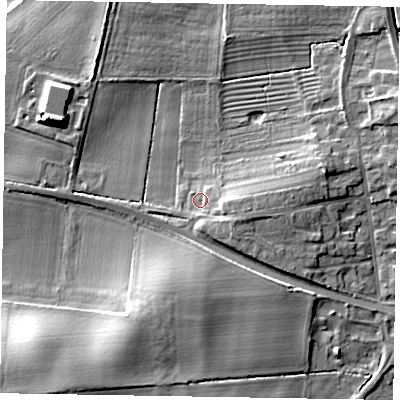 Shaded relief map of the ground around LN12BF, computed from Environment Agency LiDAR. The ground here sits at about 7 m above sea level and falls 16 m across the surrounding 800 m. Surface water reaching this point runs off ground lying to the east-south-east, 3.8 m higher.