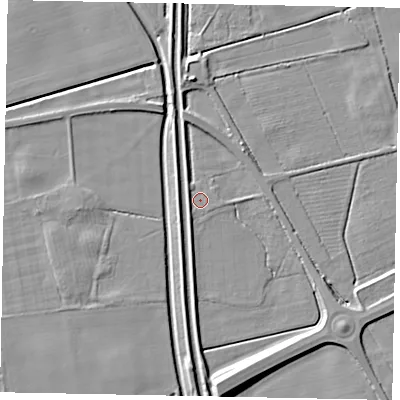 Shaded relief map of the ground around LN12BG, computed from Environment Agency LiDAR. The ground here sits at about 5 m above sea level and falls 7 m across the surrounding 800 m. Surface water reaching this point runs off ground lying to the south, 7.2 m higher.