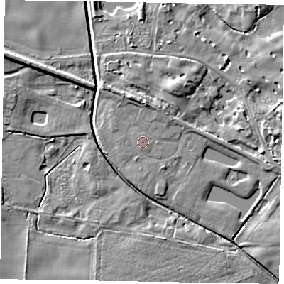 Shaded relief map of the ground around LN12BJ, computed from Environment Agency LiDAR. The ground here sits at about 5 m above sea level and falls 7 m across the surrounding 800 m. Surface water reaching this point runs off ground lying to the north, 0.6 m higher.