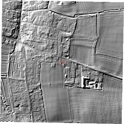 Shaded relief map of the ground around LN12BP, computed from Environment Agency LiDAR. The ground here sits at about 14 m above sea level and falls 7 m across the surrounding 800 m. Surface water reaching this point runs off ground lying to the north-west, 1.6 m higher.