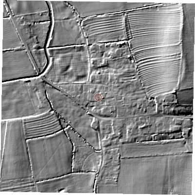 Shaded relief map of the ground around LN12BW, computed from Environment Agency LiDAR. The ground here sits at about 6 m above sea level and falls 11 m across the surrounding 800 m. Surface water reaching this point runs off ground lying to the east-south-east, 1.4 m higher.