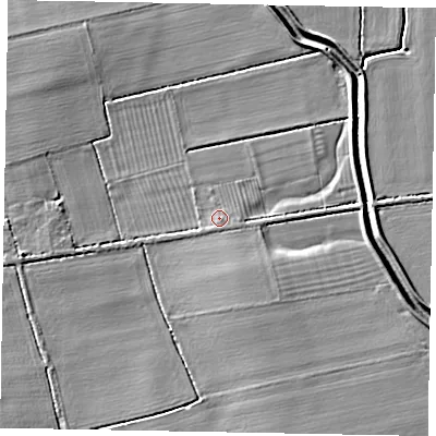 Shaded relief map of the ground around LN12DL, computed from Environment Agency LiDAR. The ground here sits at about 8 m above sea level and falls 6 m across the surrounding 800 m. Surface water reaching this point runs off ground lying to the south, 1.0 m higher.