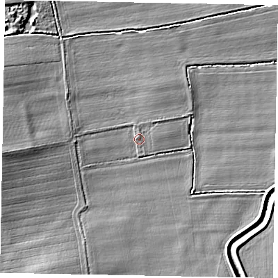 Shaded relief map of the ground around LN12DN, computed from Environment Agency LiDAR. The ground here sits at about 7 m above sea level and falls 7 m across the surrounding 800 m. Surface water reaching this point runs off ground lying to the north-east, 1.0 m higher.