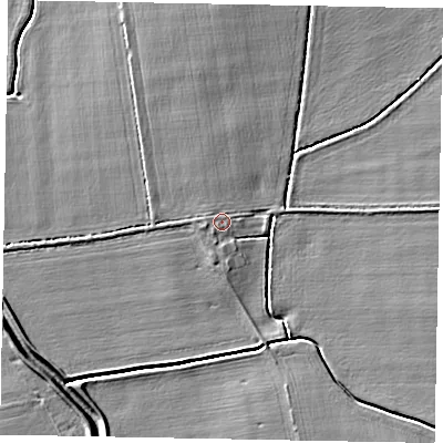 Shaded relief map of the ground around LN12DP, computed from Environment Agency LiDAR. The ground here sits at about 8 m above sea level and falls 5 m across the surrounding 800 m. Surface water reaching this point runs off ground lying to the west-north-west, 0.7 m higher.