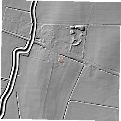 Shaded relief map of the ground around LN12DS, computed from Environment Agency LiDAR. The ground here sits at about 8 m above sea level and falls 6 m across the surrounding 800 m. Surface water reaching this point runs off ground lying to the west-south-west, 0.6 m higher.