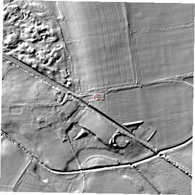 Shaded relief map of the ground around LN12EB, computed from Environment Agency LiDAR. The ground here sits at about 10 m above sea level and falls 10 m across the surrounding 800 m. Surface water reaching this point runs off ground lying to the north-north-east, 1.0 m higher.