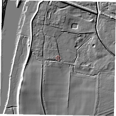 Shaded relief map of the ground around LN12ED, computed from Environment Agency LiDAR. The ground here sits at about 6 m above sea level and falls 9 m across the surrounding 800 m. Surface water reaching this point runs off ground lying to the south-west, 8.8 m higher.