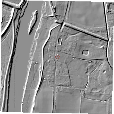Shaded relief map of the ground around LN12EE, computed from Environment Agency LiDAR. The ground here sits at about 6 m above sea level and falls 8 m across the surrounding 800 m. Surface water reaching this point runs off ground lying to the south-west, 2.7 m higher.