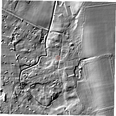 Shaded relief map of the ground around LN12EG, computed from Environment Agency LiDAR. The ground here sits at about 5 m above sea level and falls 12 m across the surrounding 800 m. Surface water reaching this point runs off ground lying to the east, 8.4 m higher.