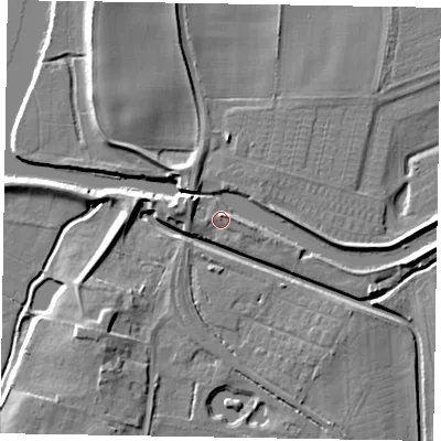 Shaded relief map of the ground around LN12EH, computed from Environment Agency LiDAR. The ground here sits at about 6 m above sea level and falls 9 m across the surrounding 800 m. Surface water reaching this point runs off ground lying to the east, 2.2 m higher.