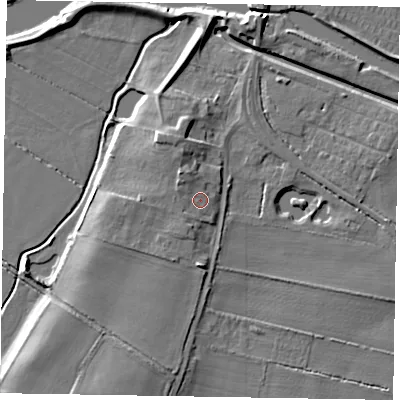 Shaded relief map of the ground around LN12EJ, computed from Environment Agency LiDAR. The ground here sits at about 8 m above sea level and falls 8 m across the surrounding 800 m. Surface water reaching this point runs off ground lying to the west-north-west, 1.1 m higher.