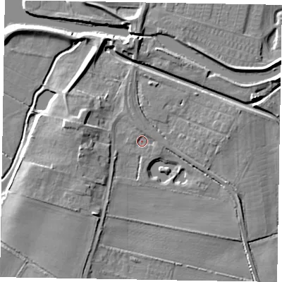 Shaded relief map of the ground around LN12EL, computed from Environment Agency LiDAR. The ground here sits at about 5 m above sea level and falls 8 m across the surrounding 800 m. Surface water reaching this point runs off ground lying to the north-north-west, 1.6 m higher.