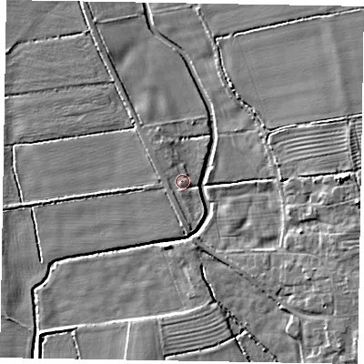 Shaded relief map of the ground around LN12EN, computed from Environment Agency LiDAR. The ground here sits at about 5 m above sea level and falls 6 m across the surrounding 800 m. Surface water reaching this point runs off ground lying to the south-west, 1.3 m higher.