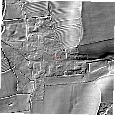 Shaded relief map of the ground around LN12EP, computed from Environment Agency LiDAR. The ground here sits at about 7 m above sea level and falls 11 m across the surrounding 800 m. Surface water reaching this point runs off ground lying to the east-north-east, 6.6 m higher.