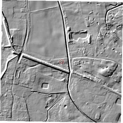 Shaded relief map of the ground around LN12EQ, computed from Environment Agency LiDAR. The ground here sits at about 5 m above sea level and falls 8 m across the surrounding 800 m. Surface water reaching this point runs off ground lying to the west, 4.3 m higher.