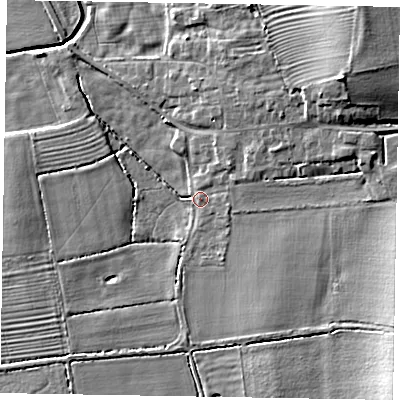 Shaded relief map of the ground around LN12ER, computed from Environment Agency LiDAR. The ground here sits at about 6 m above sea level and falls 11 m across the surrounding 800 m. Surface water reaching this point runs off ground lying to the north-east, 7.9 m higher.