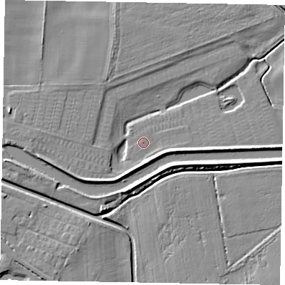 Shaded relief map of the ground around LN12ET, computed from Environment Agency LiDAR. The ground here sits at about 4 m above sea level and falls 5 m across the surrounding 800 m. Surface water reaching this point runs off ground lying to the south, 3.8 m higher.