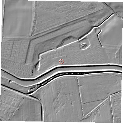 Shaded relief map of the ground around LN12EU, computed from Environment Agency LiDAR. The ground here sits at about 4 m above sea level and falls 6 m across the surrounding 800 m. Surface water reaching this point runs off ground lying to the east, 5.2 m higher.