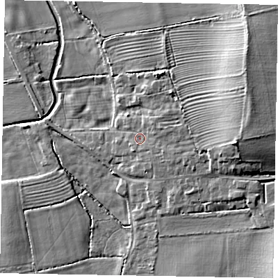 Shaded relief map of the ground around LN12EW, computed from Environment Agency LiDAR. The ground here sits at about 6 m above sea level and falls 11 m across the surrounding 800 m. Surface water reaching this point runs off ground lying to the east, 7.8 m higher.