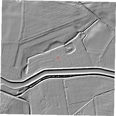 Shaded relief map of the ground around LN12EX, computed from Environment Agency LiDAR. The ground here sits at about 4 m above sea level and falls 6 m across the surrounding 800 m. Surface water reaching this point runs off ground lying to the east-south-east, 4.6 m higher.
