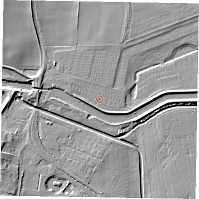 Shaded relief map of the ground around LN12EY, computed from Environment Agency LiDAR. The ground here sits at about 5 m above sea level and falls 8 m across the surrounding 800 m. Surface water reaching this point runs off ground lying to the west-south-west, 2.3 m higher.