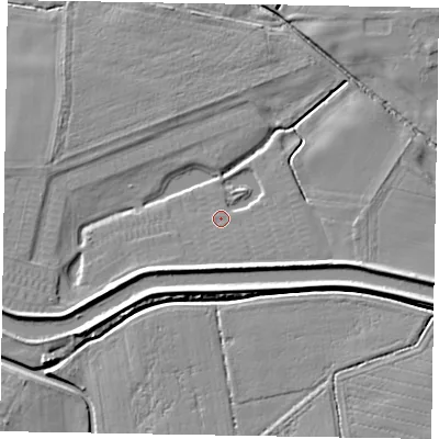 Shaded relief map of the ground around LN12EZ, computed from Environment Agency LiDAR. The ground here sits at about 4 m above sea level and falls 6 m across the surrounding 800 m. Surface water reaching this point runs off ground lying to the south-east, 4.6 m higher.